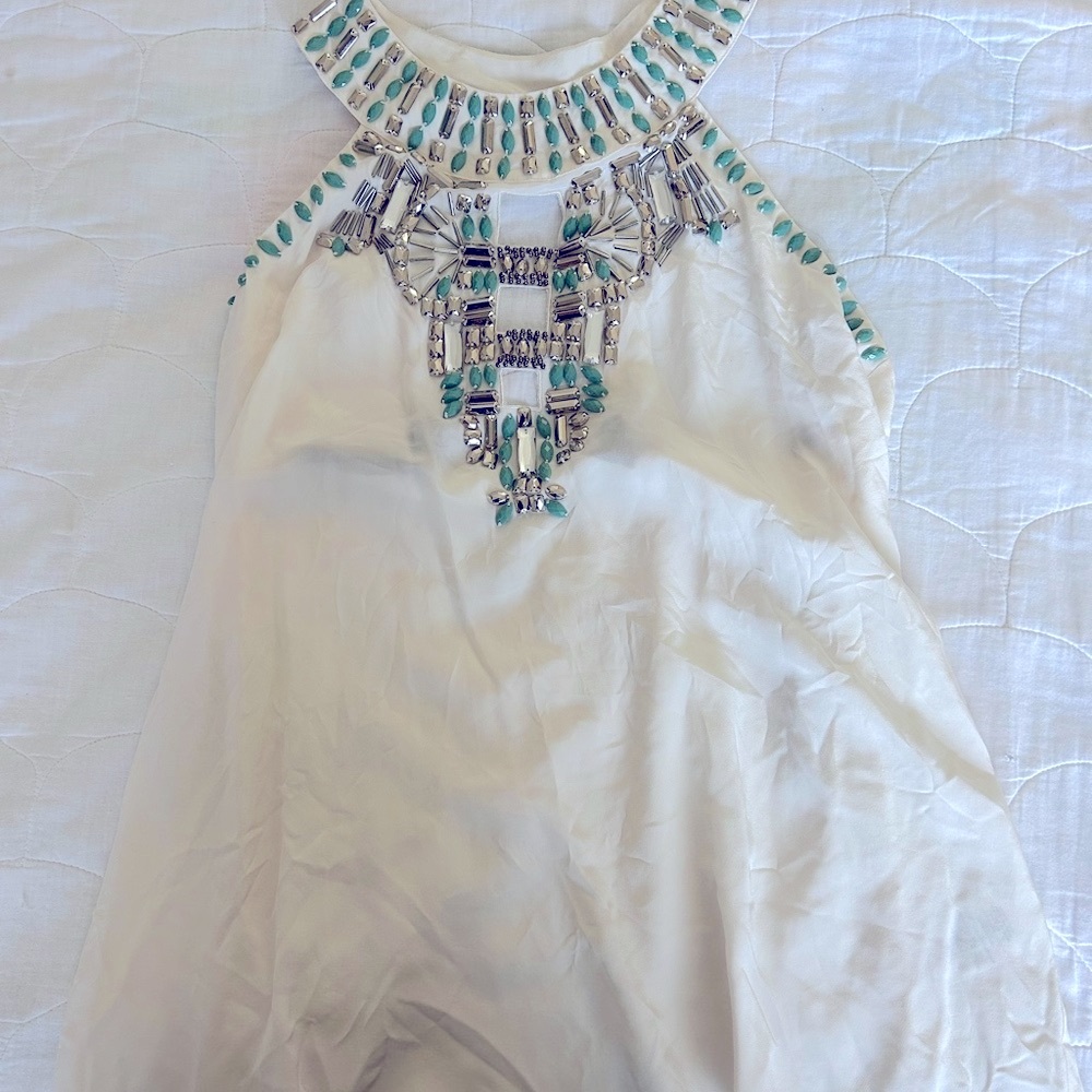 Bebe White Tunic with Silver Beading & Turquoise Embellishments - Picture 3 of 6
